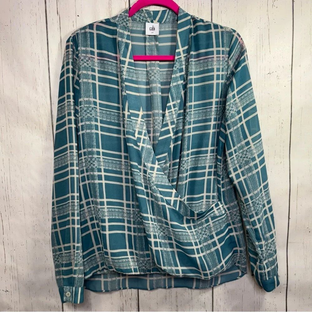 Cabi Womens Teal Plaid Draped Wrap Blouse M Office Chic Modern Minimal Business